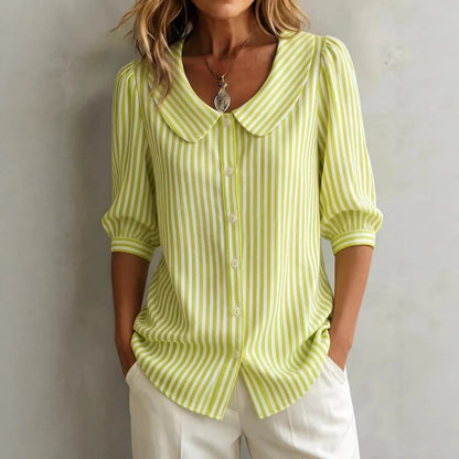 Annabel - Preppy Women's Linen Blouse with Peter Pan Collar and Striped Print