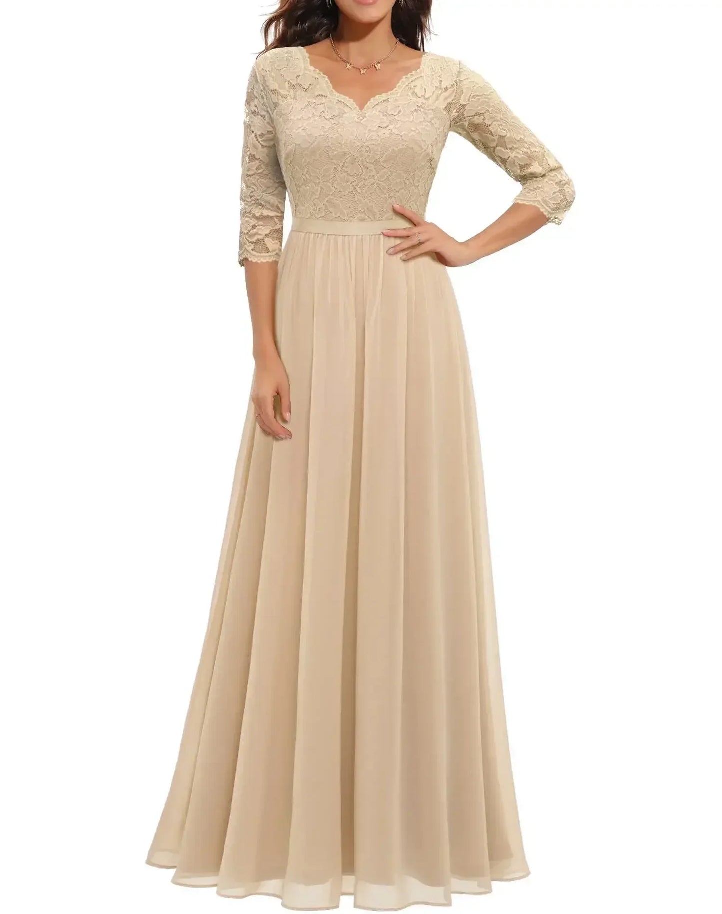 Audrey - Elegant Women's Wedding Guest Maxi Dress with V Neck and Three Quarter Sleeves