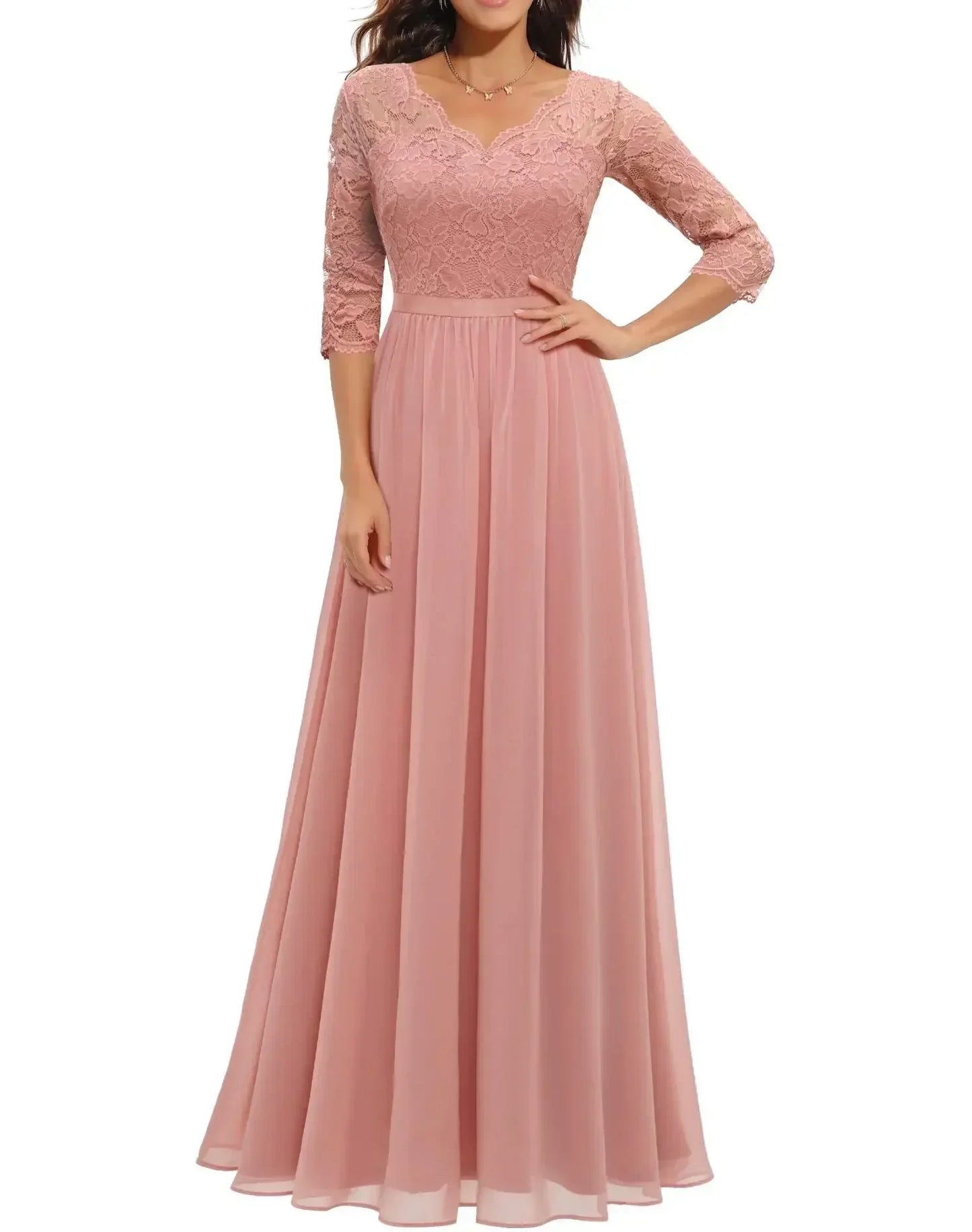 Audrey - Elegant Women's Wedding Guest Maxi Dress with V Neck and Three Quarter Sleeves