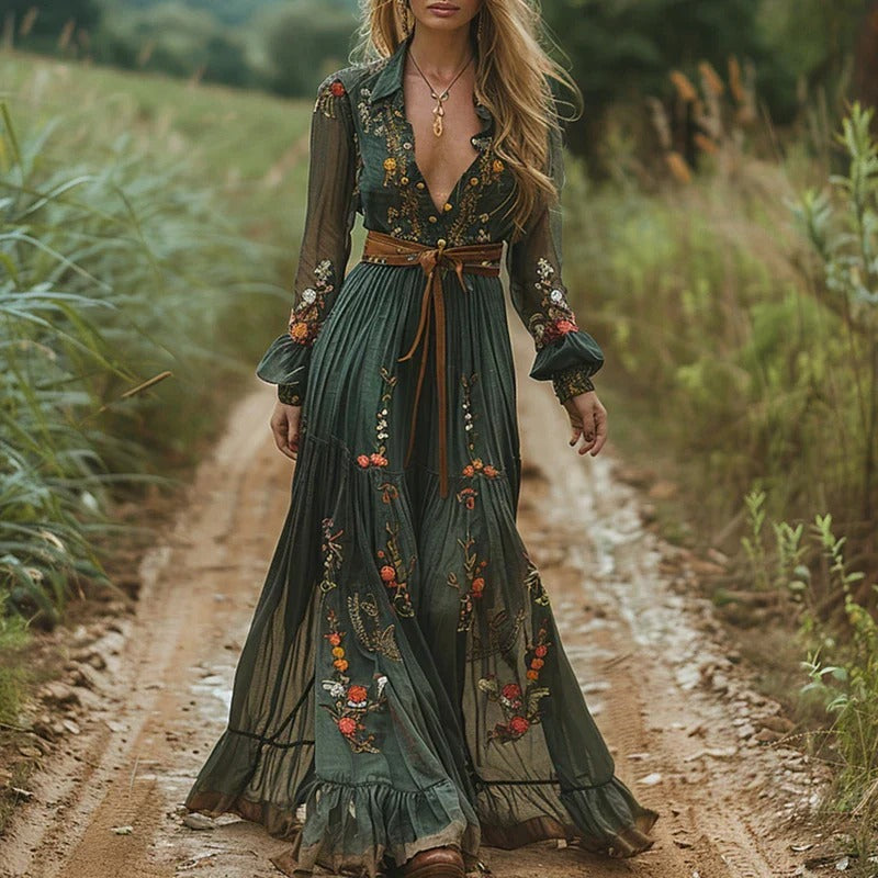Aurelia - Boho Women's Maxi Dress with Deep V Neck and Floral Embroidery