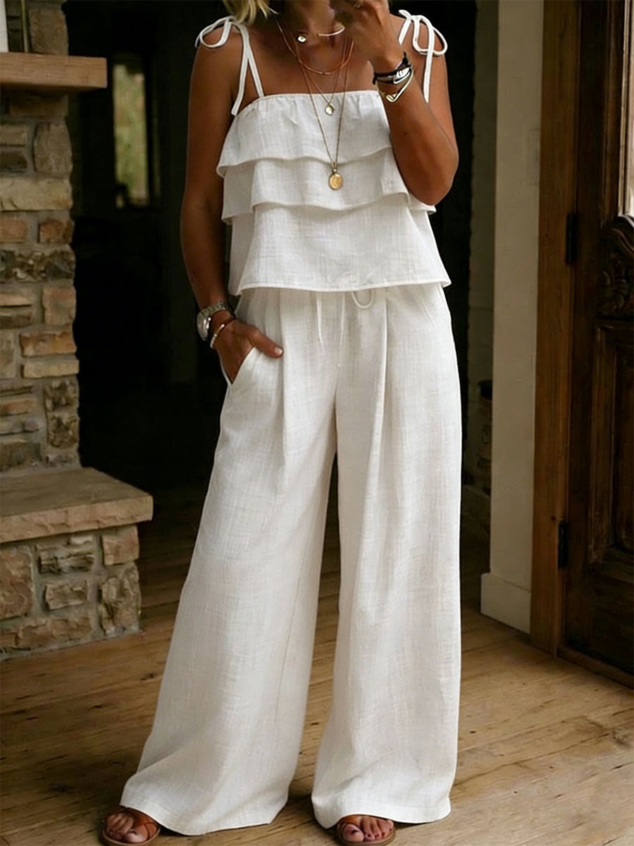 Aurora - Flowy Women's Linen Co-Ord Set with Tiered Top and Wide Leg Trousers