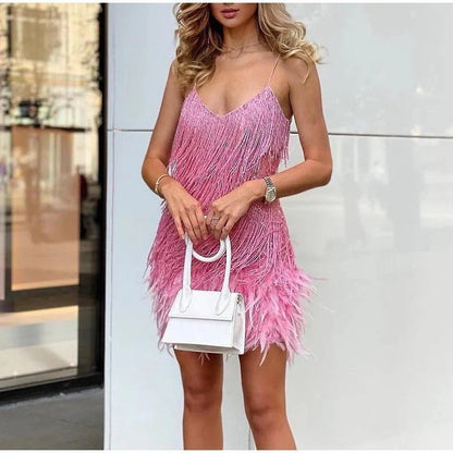 Aurora - Formal Women's Summer Dress with Spaghetti Straps and Fringe Detail