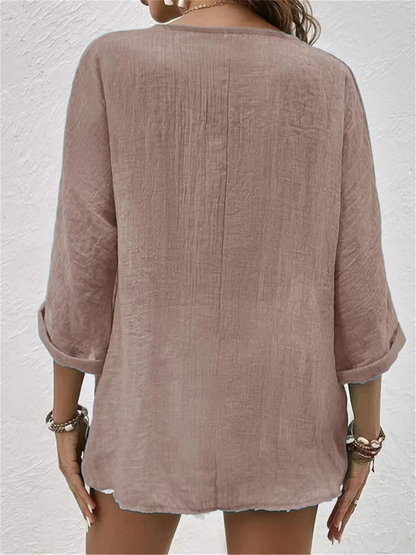 Ivy - Casual Women's Linen Top with V Neck Button Front and Relaxed Sleeves