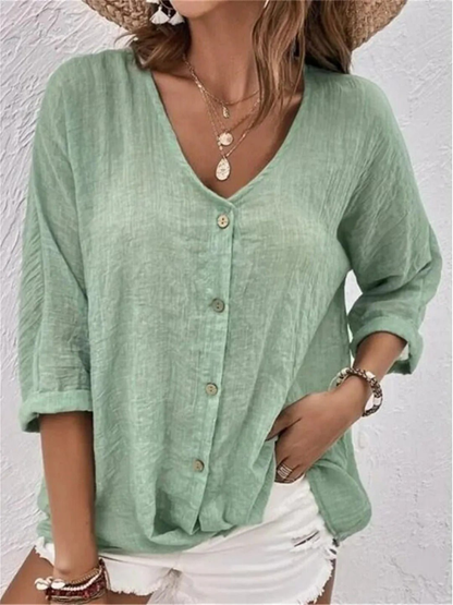 Ivy - Casual Women's Linen Top with V Neck Button Front and Relaxed Sleeves