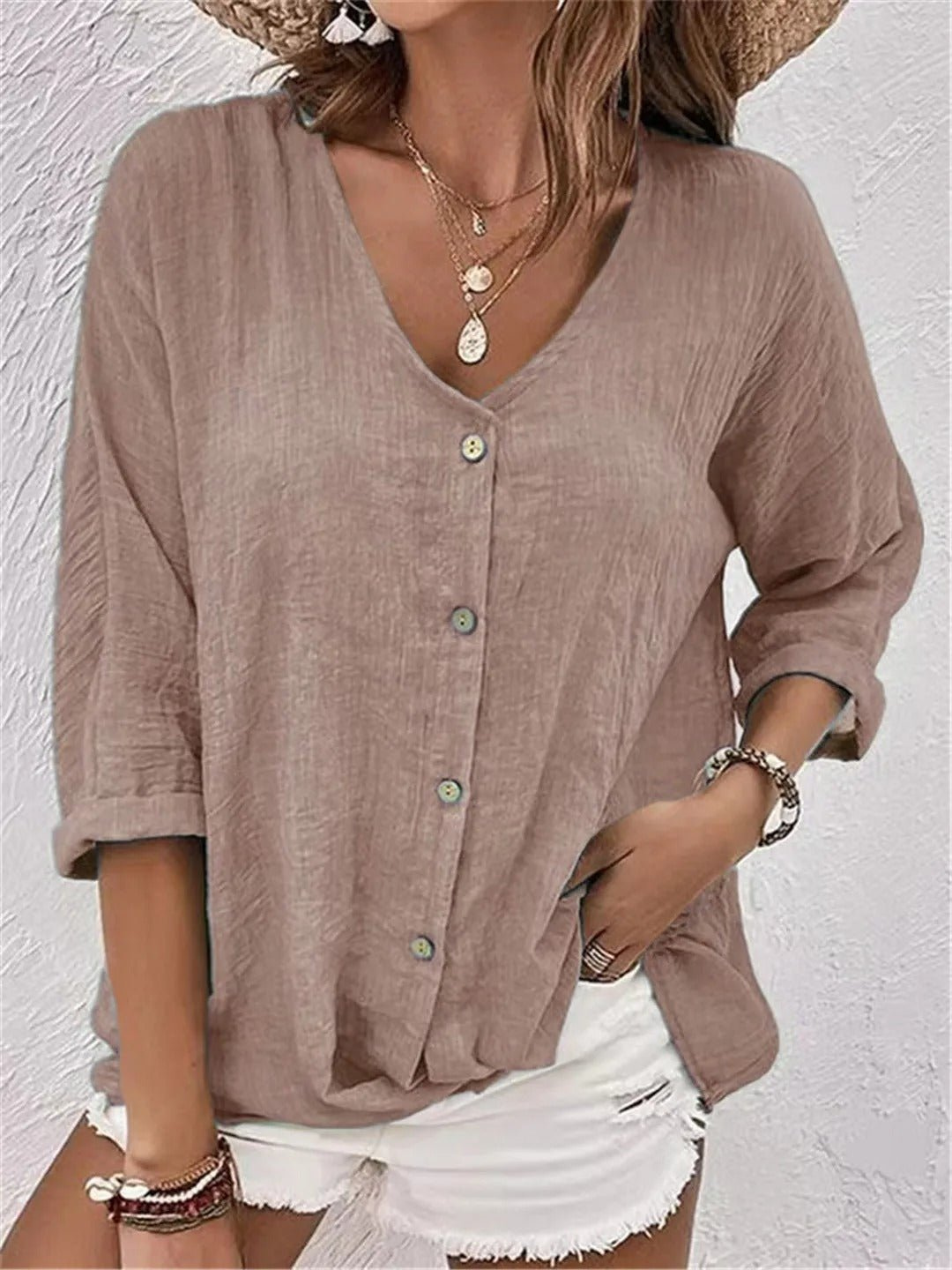 Ivy - Casual Women's Linen Top with V Neck Button Front and Relaxed Sleeves