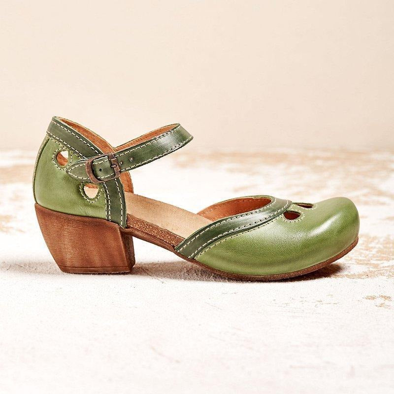 Beatrice - Vintage Women's Orthopedic Mary Jane Sandals with Two-Tone Upper and Block Heel