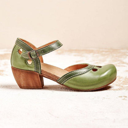 Beatrice - Vintage Women's Orthopedic Mary Jane Sandals with Two-Tone Upper and Block Heel