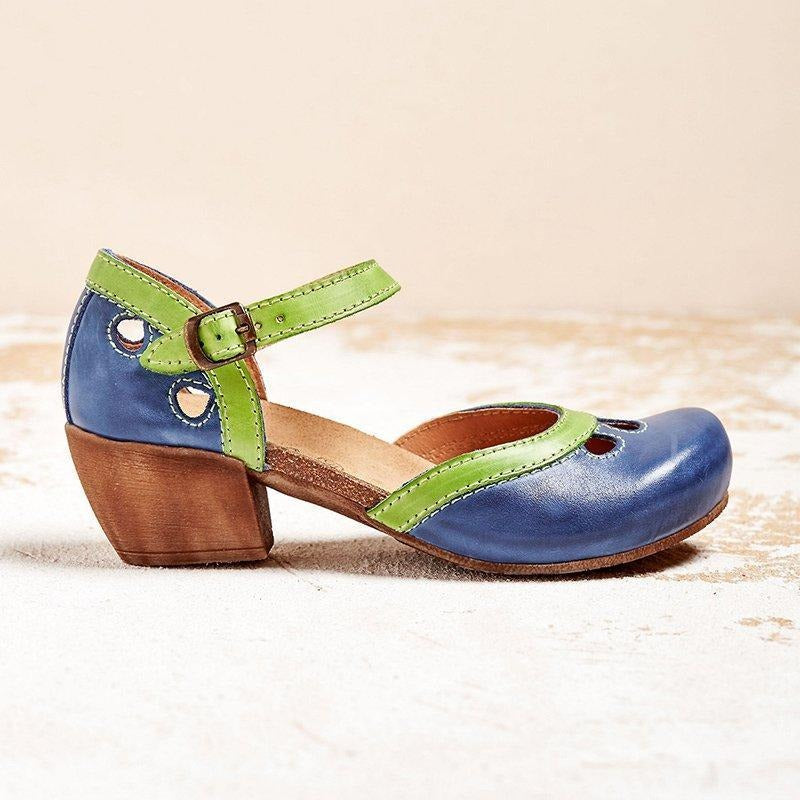 Beatrice - Vintage Women's Orthopedic Mary Jane Sandals with Two-Tone Upper and Block Heel