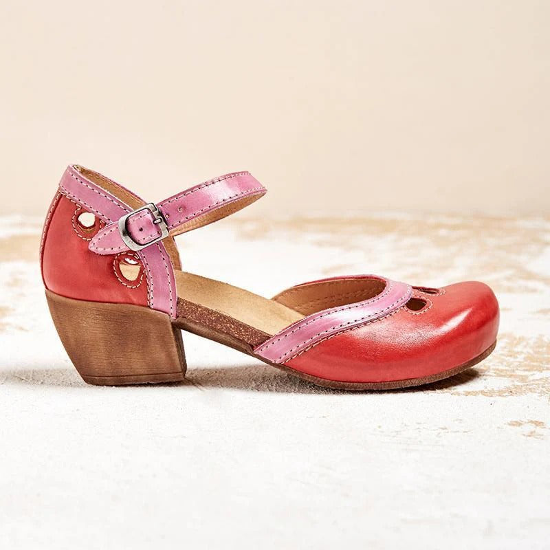 Beatrice - Vintage Women's Orthopedic Mary Jane Sandals with Two-Tone Upper and Block Heel