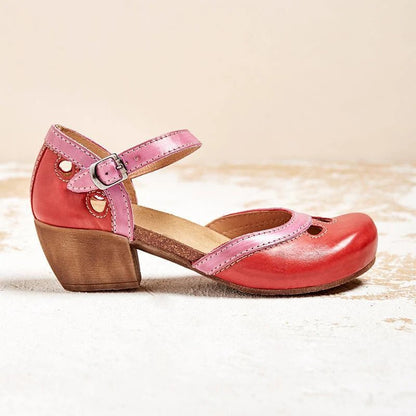 Beatrice - Vintage Women's Orthopedic Mary Jane Sandals with Two-Tone Upper and Block Heel