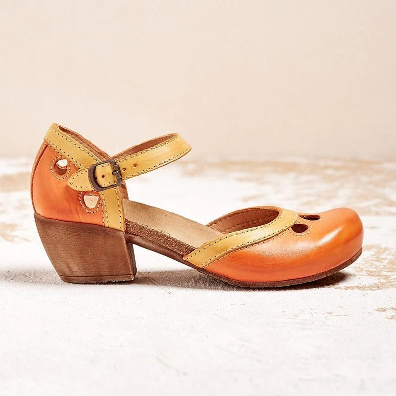 Beatrice - Vintage Women's Orthopedic Mary Jane Sandals with Two-Tone Upper and Block Heel
