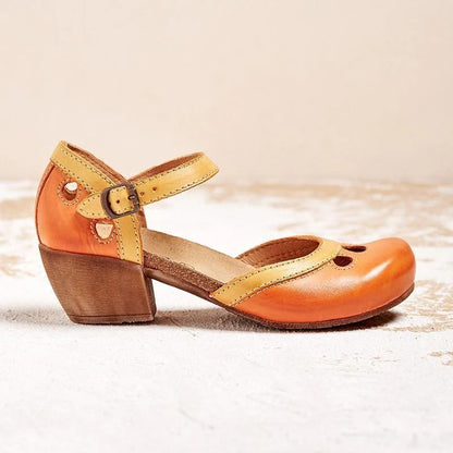 Beatrice - Vintage Women's Orthopedic Mary Jane Sandals with Two-Tone Upper and Block Heel