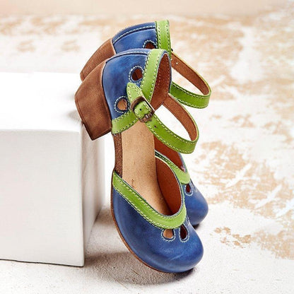 Beatrice - Vintage Women's Orthopedic Mary Jane Sandals with Two-Tone Upper and Block Heel