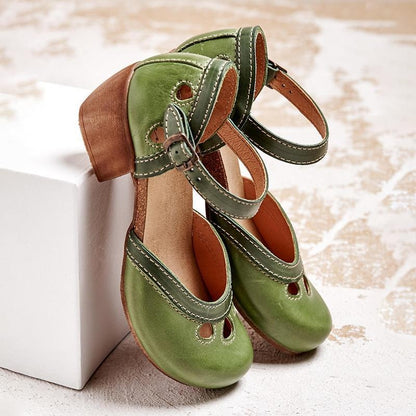 Beatrice - Vintage Women's Orthopedic Mary Jane Sandals with Two-Tone Upper and Block Heel