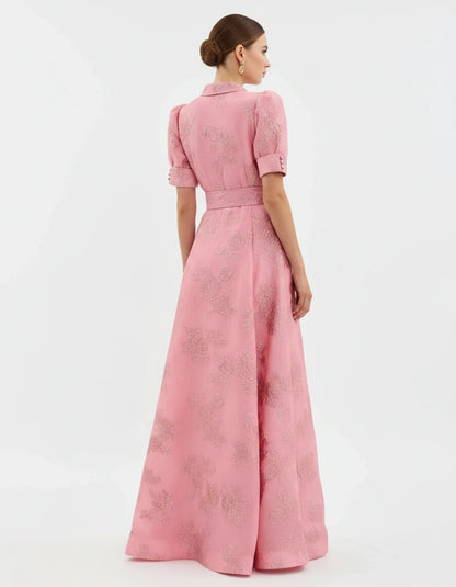 Beatrice - Elegant Women's Wedding Guest Maxi Dress with Puff Sleeves and Belted Waist