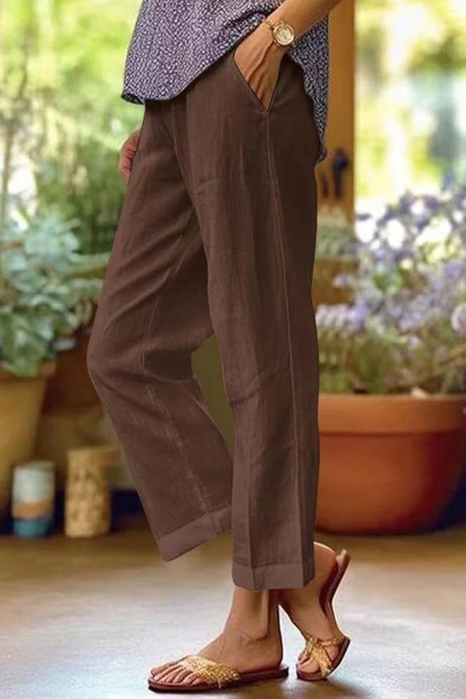Beatrice - Smart Women's Linen Trousers with Cropped Cuffed Hem and Tapered Fit
