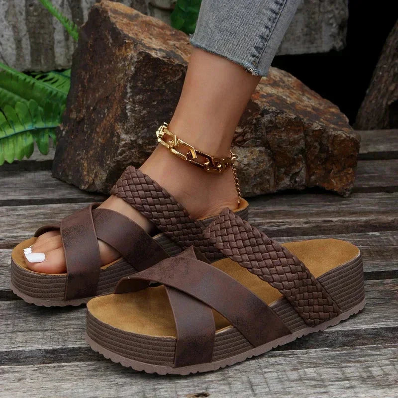 Billie - Boho Women's Orthopedic Platform Mule Sandals with Crossover Woven Strap Detail