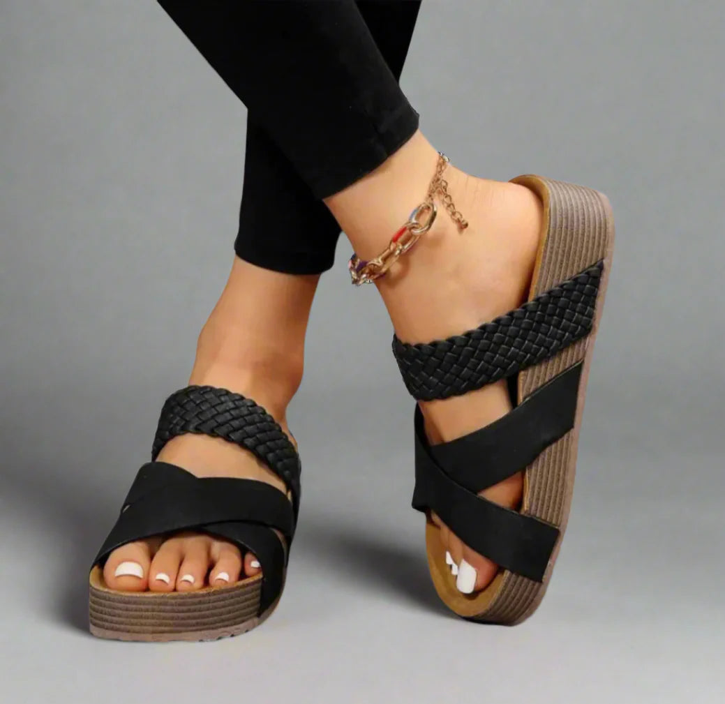 Billie - Boho Women's Orthopedic Platform Mule Sandals with Crossover Woven Strap Detail