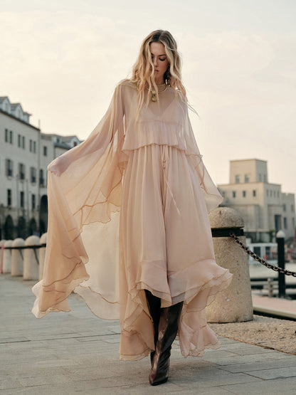 Celeste - Flowy Women's Maxi Dress with Cape Sleeves and Layered Ruffle Hem