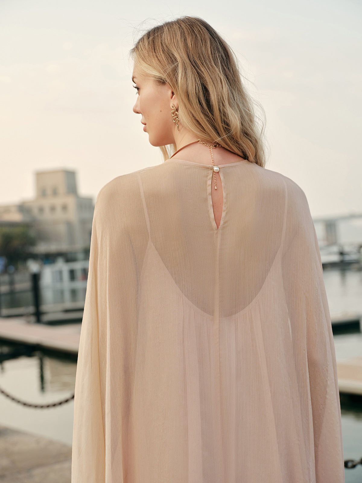 Celeste - Flowy Women's Maxi Dress with Cape Sleeves and Layered Ruffle Hem