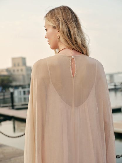 Celeste - Flowy Women's Maxi Dress with Cape Sleeves and Layered Ruffle Hem