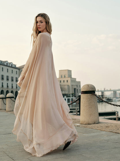 Celeste - Flowy Women's Maxi Dress with Cape Sleeves and Layered Ruffle Hem