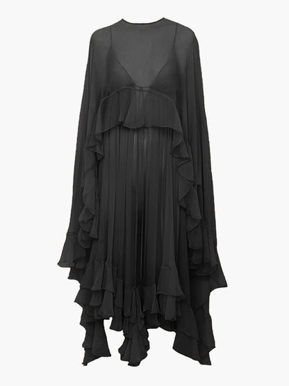 Celeste - Flowy Women's Maxi Dress with Cape Sleeves and Layered Ruffle Hem
