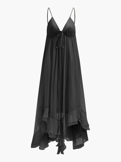 Celeste - Flowy Women's Maxi Dress with Cape Sleeves and Layered Ruffle Hem