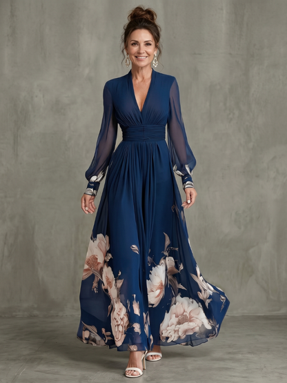 Charlotte - Chic Women's Maxi Dress with V-Neckline and Sheer Long Sleeves