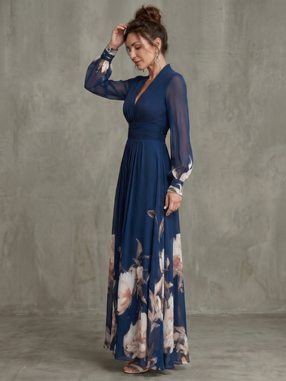 Charlotte - Chic Women's Maxi Dress with V-Neckline and Sheer Long Sleeves