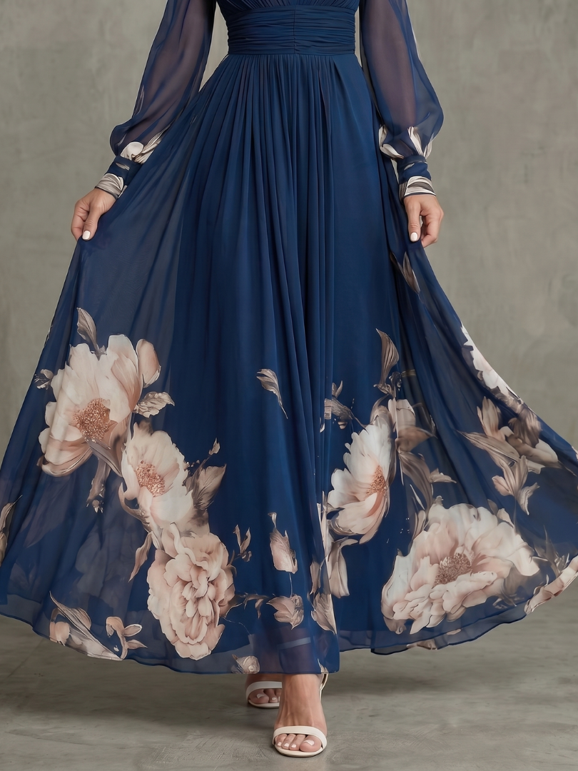 Charlotte - Chic Women's Maxi Dress with V-Neckline and Sheer Long Sleeves