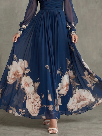 Charlotte - Chic Women's Maxi Dress with V-Neckline and Sheer Long Sleeves