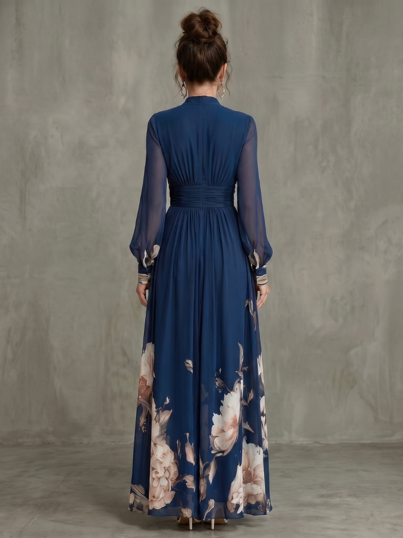 Charlotte - Chic Women's Maxi Dress with V-Neckline and Sheer Long Sleeves