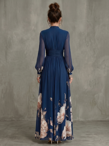 Charlotte - Chic Women's Maxi Dress with V-Neckline and Sheer Long Sleeves