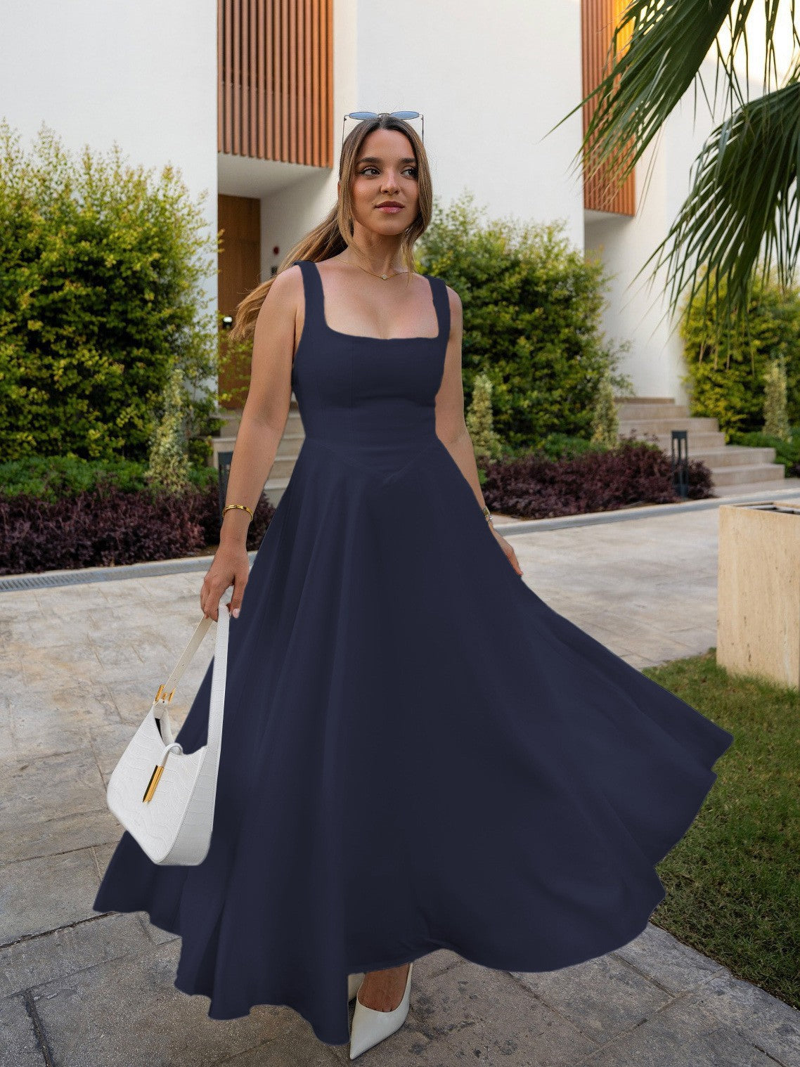 Charlotte - Elegant Women's Wedding Guest Midi Dress with Square Neck and Pleated Skirt