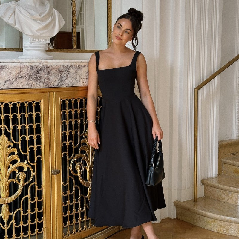 Charlotte - Elegant Women's Wedding Guest Midi Dress with Square Neck and Pleated Skirt