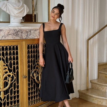 Charlotte - Elegant Women's Wedding Guest Midi Dress with Square Neck and Pleated Skirt