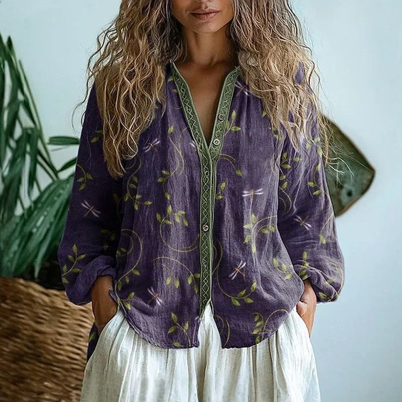 Charlotte - Vintage Women's Linen Blouse with V-Neck and Printed Detail
