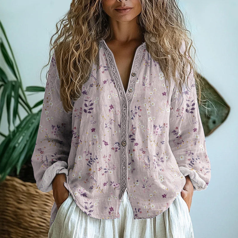 Charlotte - Vintage Women's Linen Blouse with V-Neck and Printed Detail