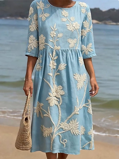 Charlotte - Vintage Women's Linen Dress with Delicate Floral Embroidery