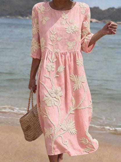 Charlotte - Vintage Women's Linen Dress with Delicate Floral Embroidery