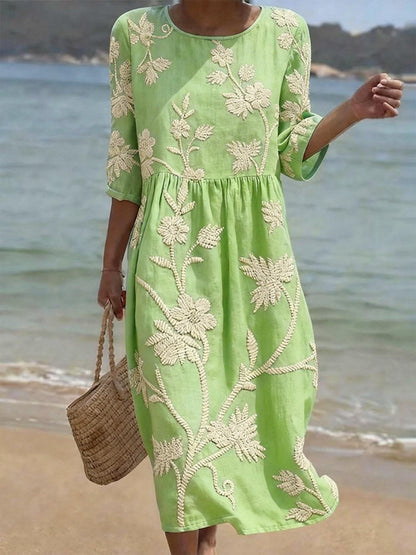 Charlotte - Vintage Women's Linen Dress with Delicate Floral Embroidery