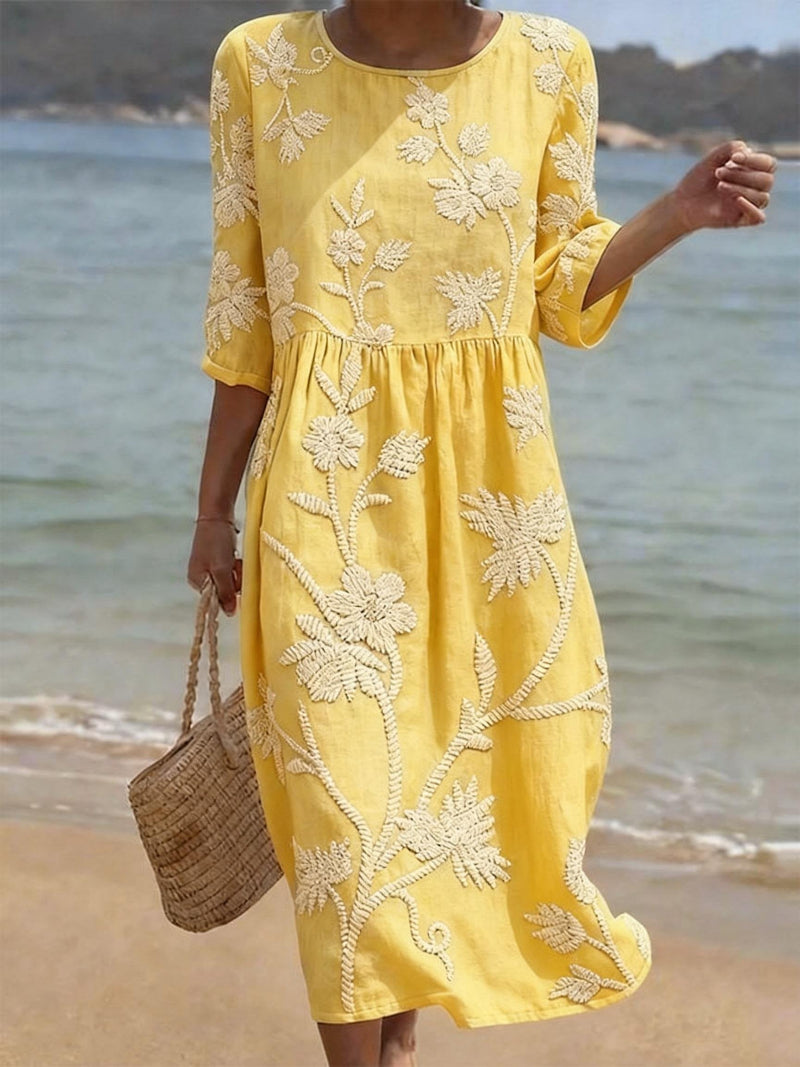Charlotte - Vintage Women's Linen Dress with Delicate Floral Embroidery