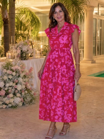 Charlotte - Vintage Women's Wedding Guest Dress with Flutter Sleeves and V-Neck