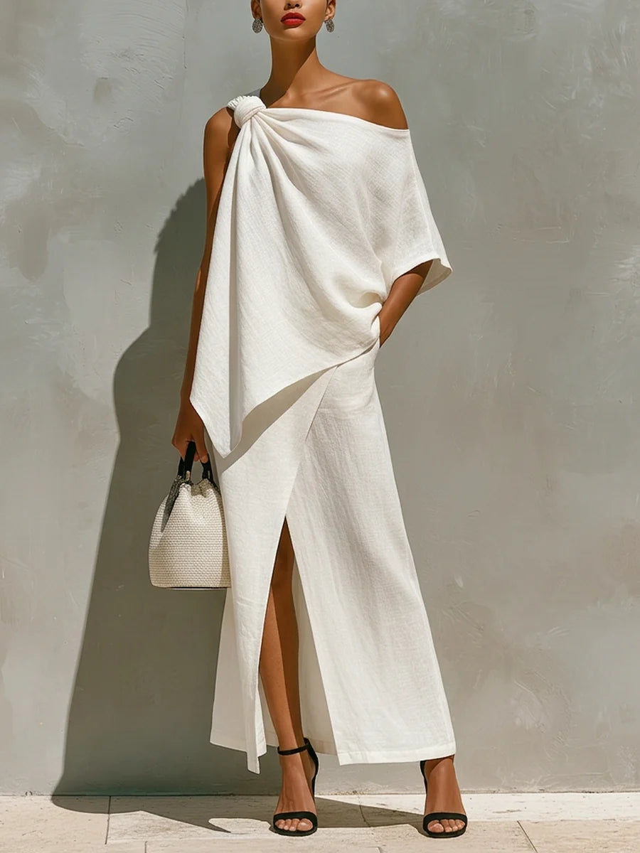 Chloe - Elegant Women's Linen Set with One Shoulder Drape and Front Slit