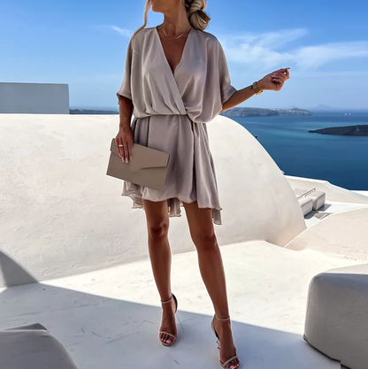 Chloe - Elegant Women's Wedding Guest Mini Dress with Wrap V-Neck and Tie Waist