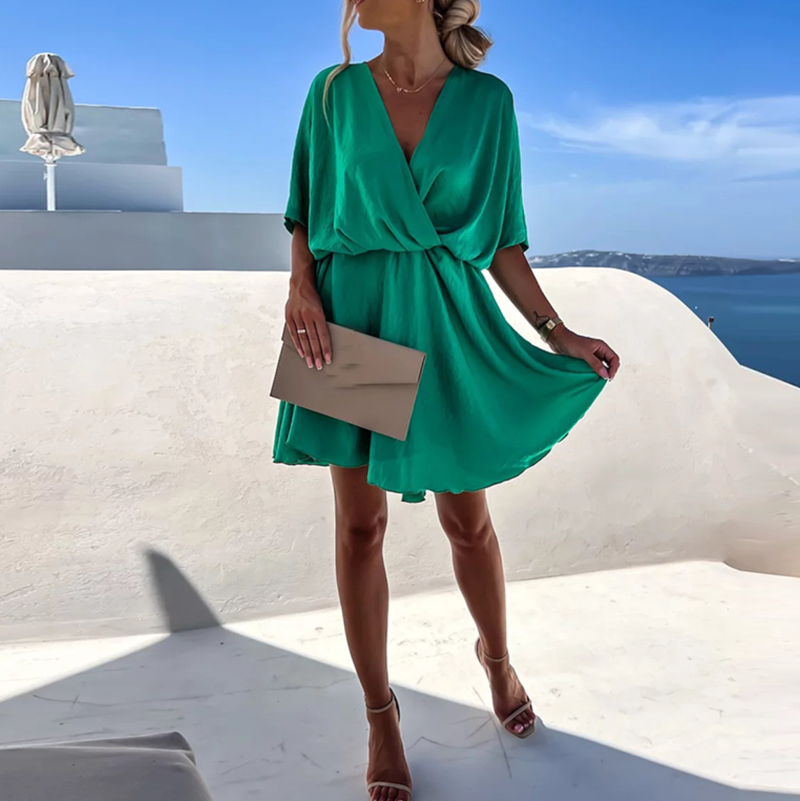 Chloe - Elegant Women's Wedding Guest Mini Dress with Wrap V-Neck and Tie Waist