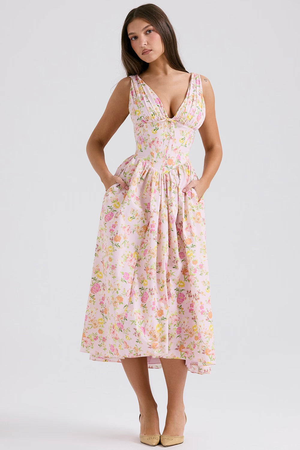 Clara - Elegant Women's Wedding Guest Midi Dress with V Neck and Floral Print