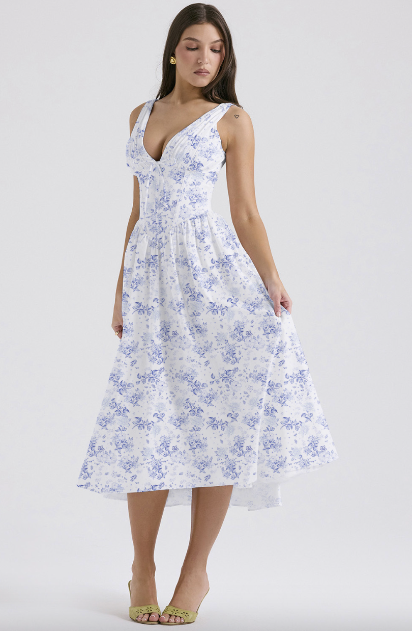 Clara - Elegant Women's Wedding Guest Midi Dress with V Neck and Floral Print