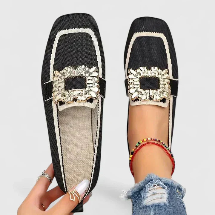 Clara - Glam Women's Comfort Loafers with Square Toe and Jewel Buckle Detail